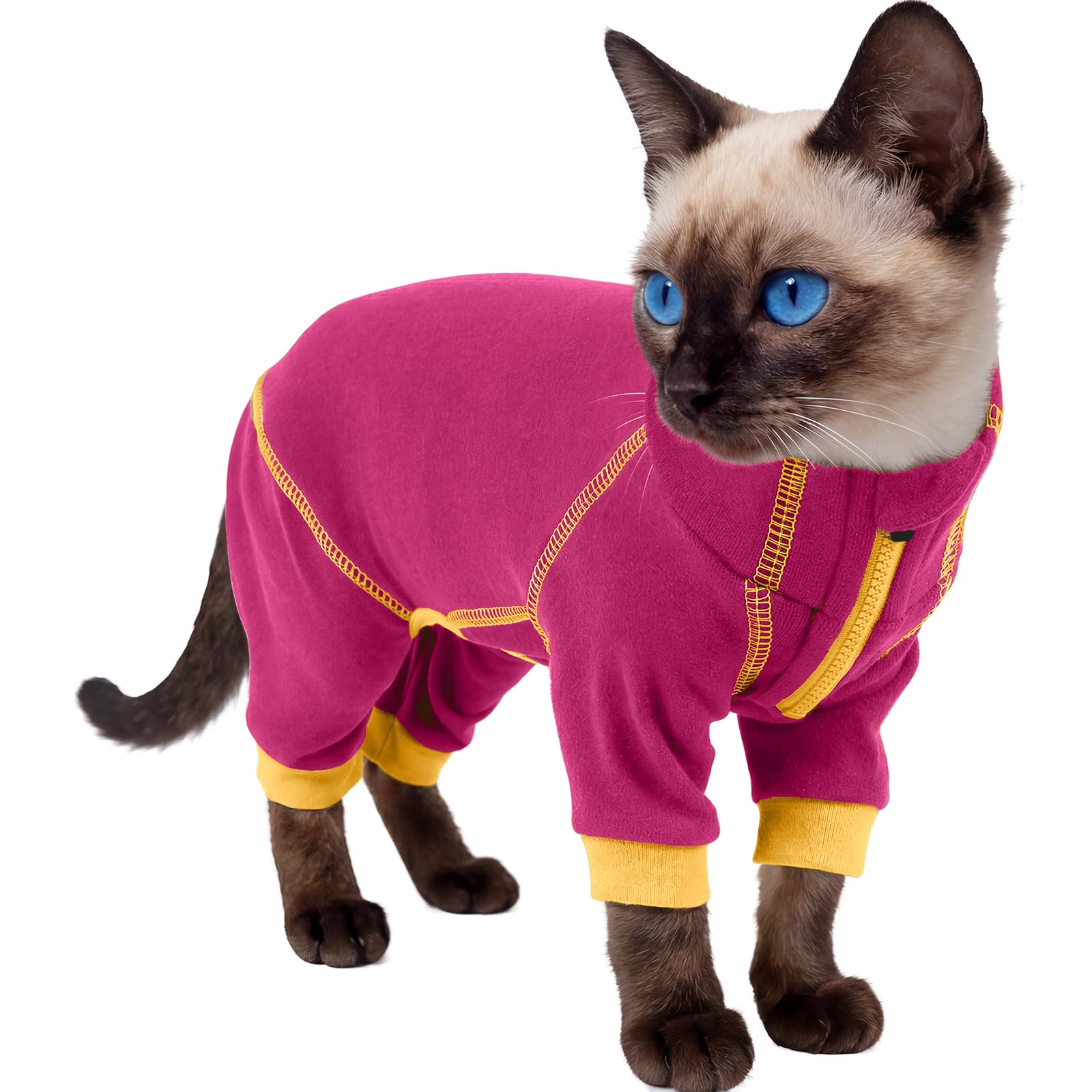Kitten Jumper Fleece, Comfortable Kitten Pajamas Sticky Hair Clothes Prevent Lost Hair Onesie Outfits Surgical Suit Cat Turtleneck Sweater Apparel(RoseRed, XS)