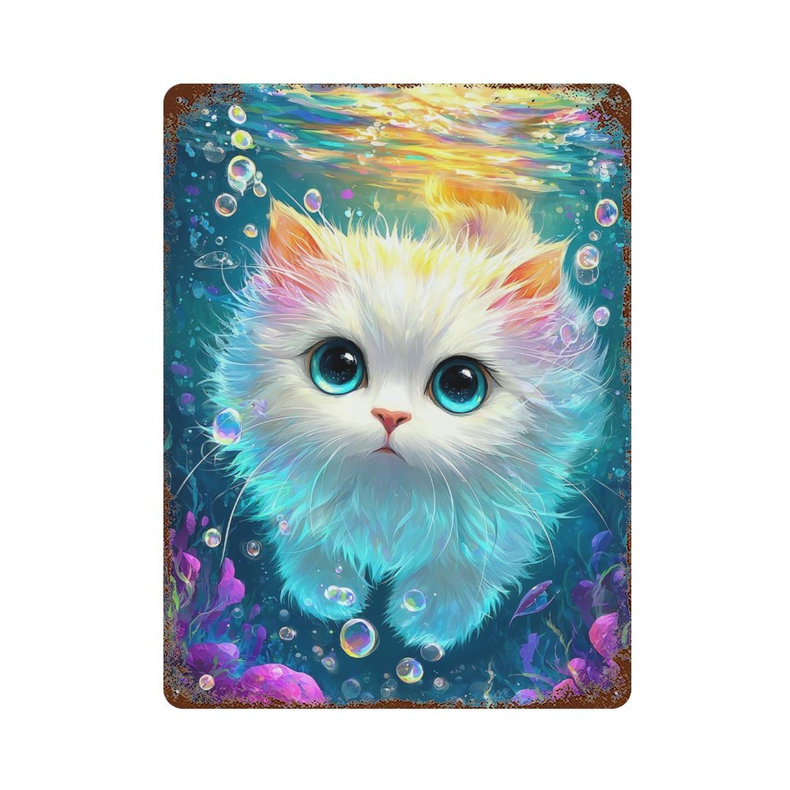 Rust Effect Magical Underwater Kitten Aged Metal Wall Plaque 15.7"x11.8", Shabby Chic Decor for Living Room, Hallway And Home Decor