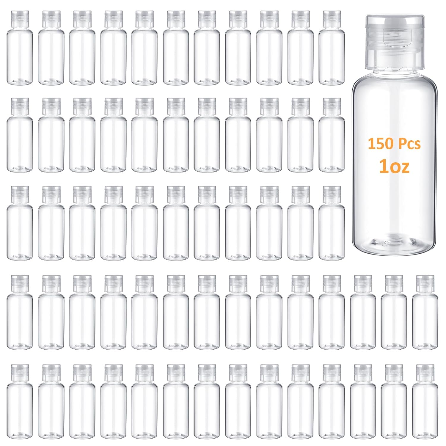 Mimorou 150 Pcs 1oz Travel Bottles Bulk for Toiletries Clear Small Travel Size Bottles Bulk Refillable Empty Containers for Shampoo Lotion Liquid Body Soap Cream Toiletries