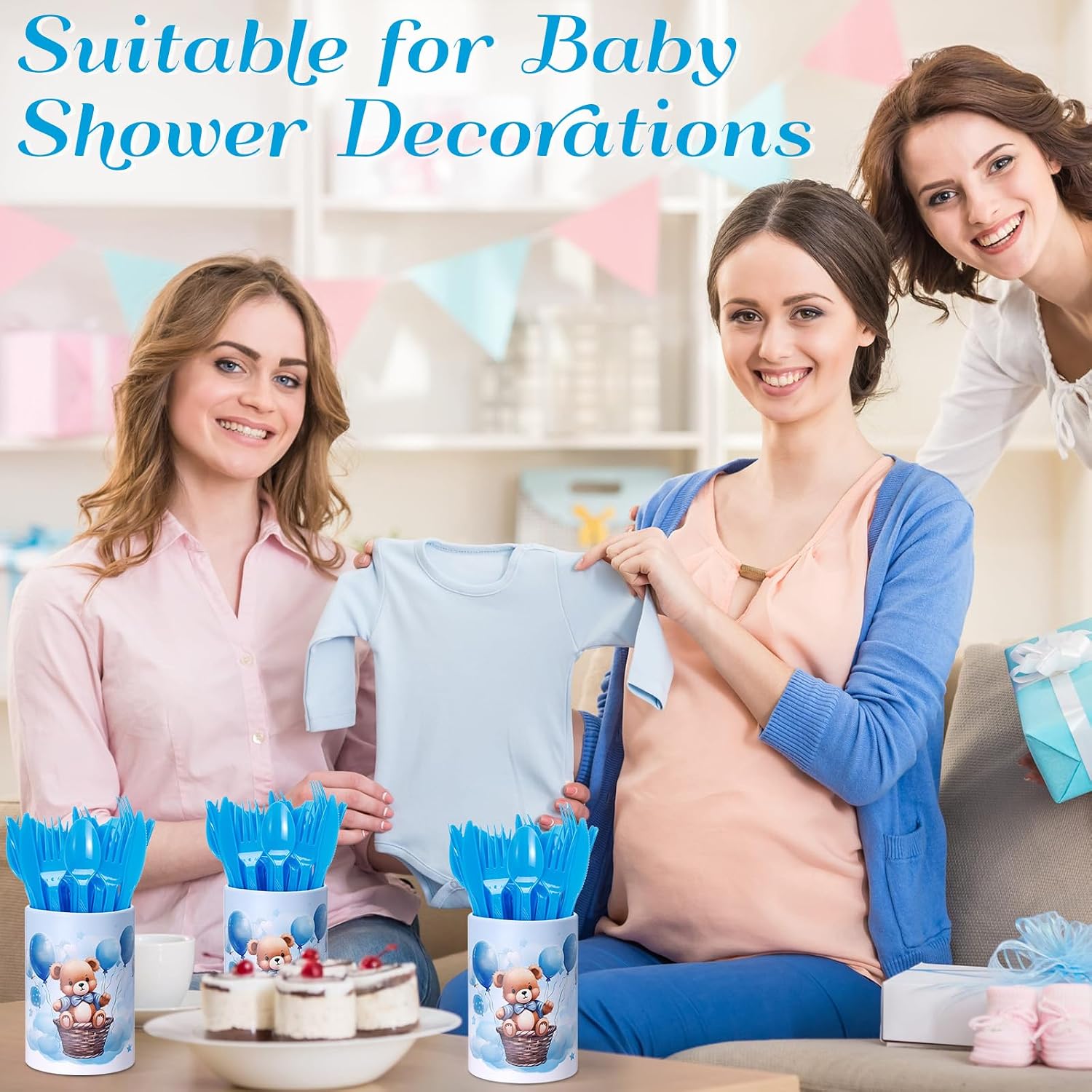 3 Pack Blue Bear Utensil Holders, 90 Cutlery Baby Shower