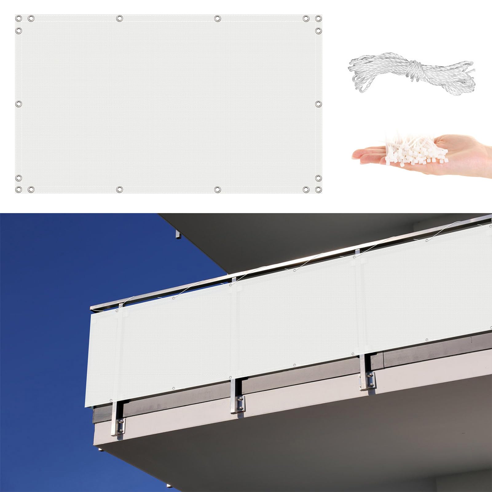 GLDYTVF Outdoor Balcony 2m x 2m Weatherproof Wind and UV Protection Shield Cover with Grommets & Cable Ties White Privacy Fence for Fence Railing.