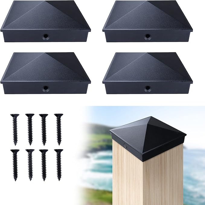Muzata 4Pack 4x4 Fence Post Caps, Aluminum Pyramid Fence Post Cap Black