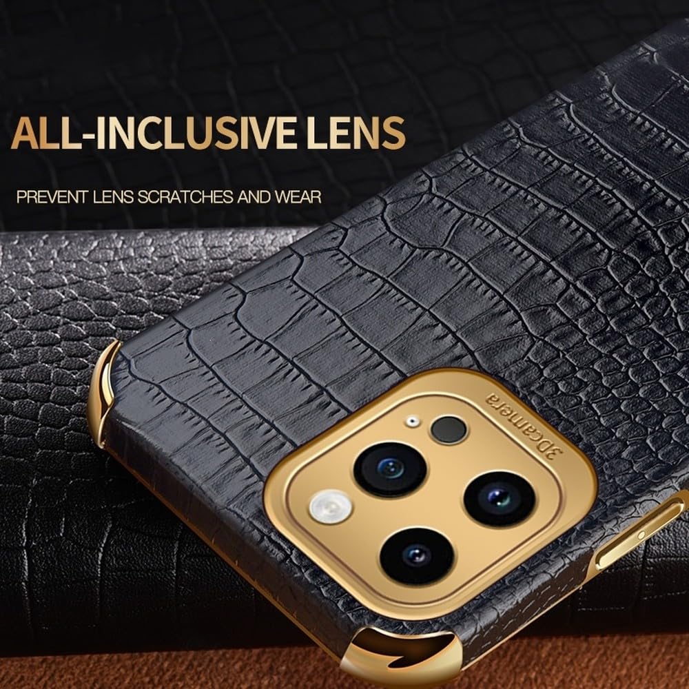 Funda de Silicona con Revestimiento de Piel y patrón de cocodrilo para iPhone 17, 16e, 15, 14, 13, 12, 11 Pro MAX y 16 Plus/Mini. Color Negro. También Disponible para iPhone 14 Pro.