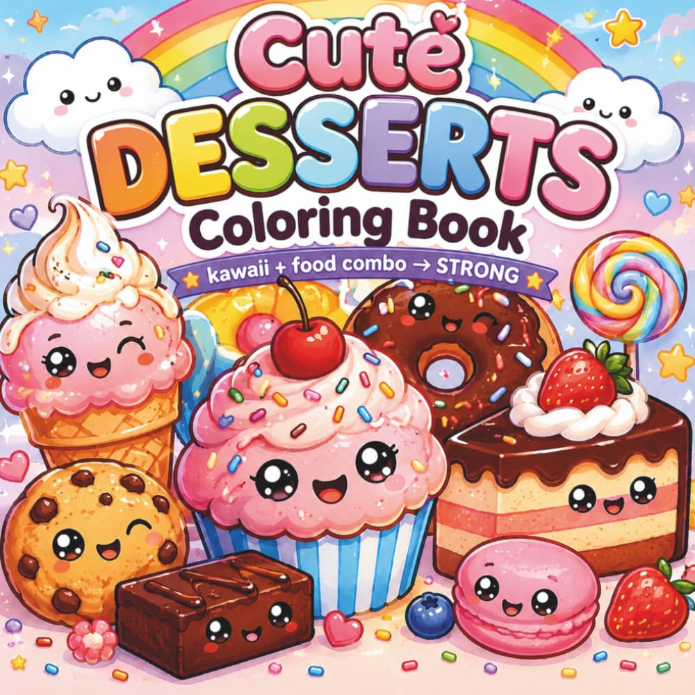 Cute Desserts Coloring Book: Kawaii Sweets & Adorable Treats for Kids | Fun Cute Dessert Coloring Pages with Cupcakes, Donuts, Candy & More