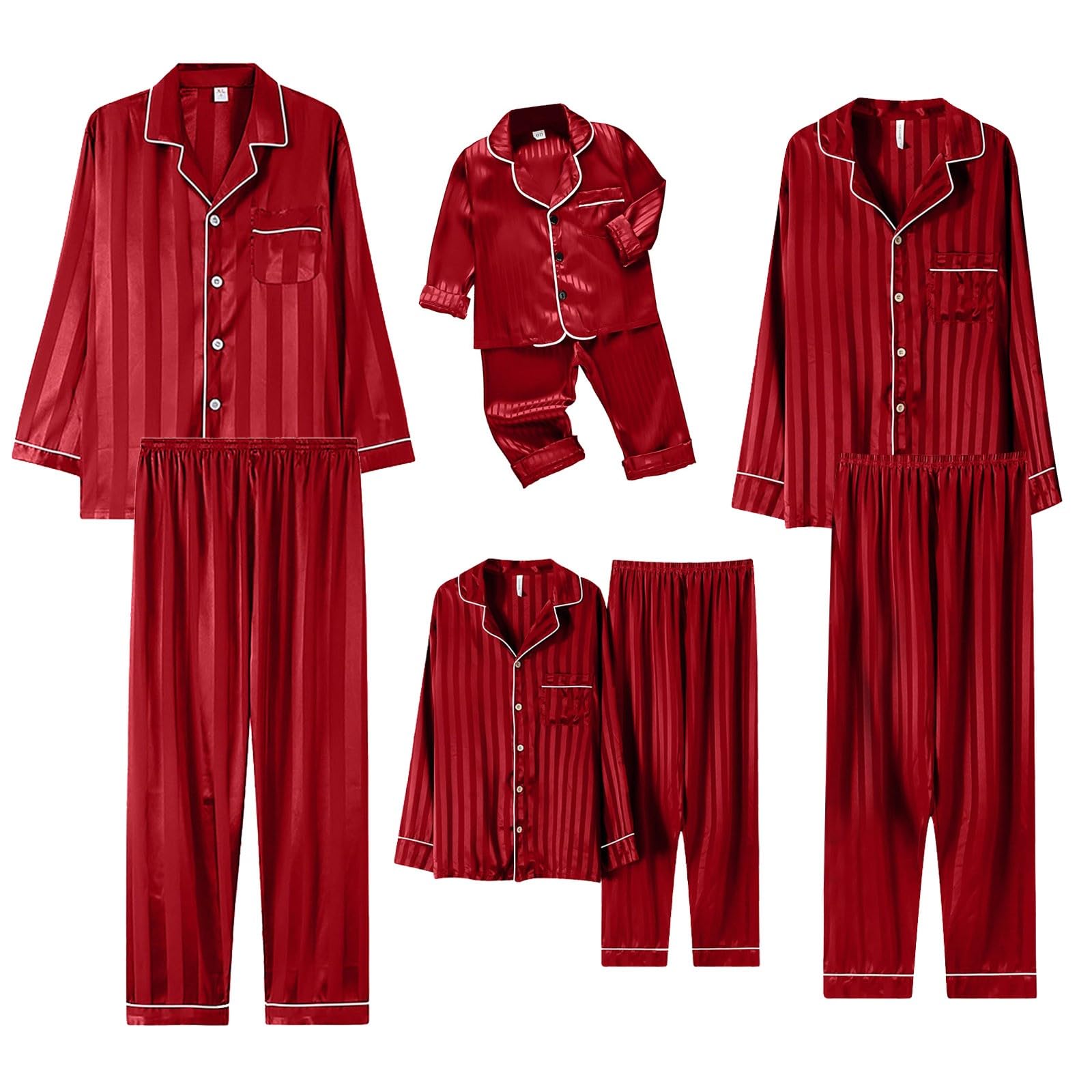 CGGMVCG Silk Satin Family Christmas Outfits Matching Sets Striped Button Down Shirt and Pants Silky Xmas Clothes for Pictures (Wine, 15-16)