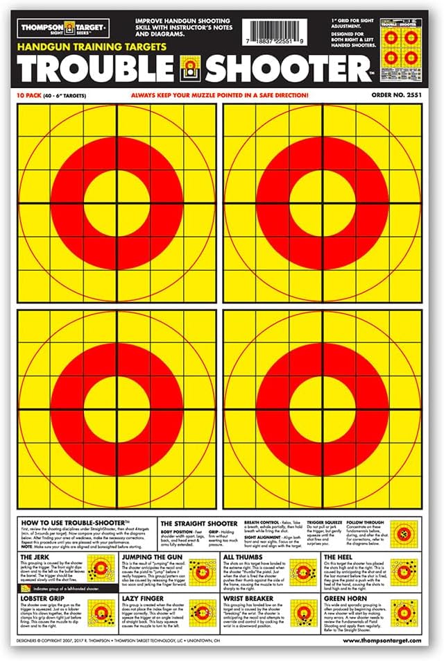 Thompson Target Trouble-Shooter Handgun Diagnostic Premium Ultra Bright 1 Inch Grid Paper Shooting Targets for Pistol Training - Made in The USA