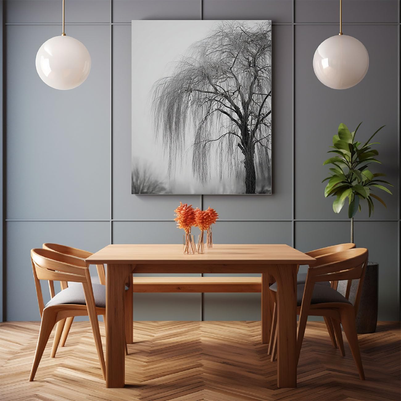 WIKEO Arbre de la vie abstrait tableaux Paysage d’arbre rétro Moderne Salon & Chambre Poster - Photos de plantes Peinture Murale Nature Tableau(gris)-80x120cm Sans cadre