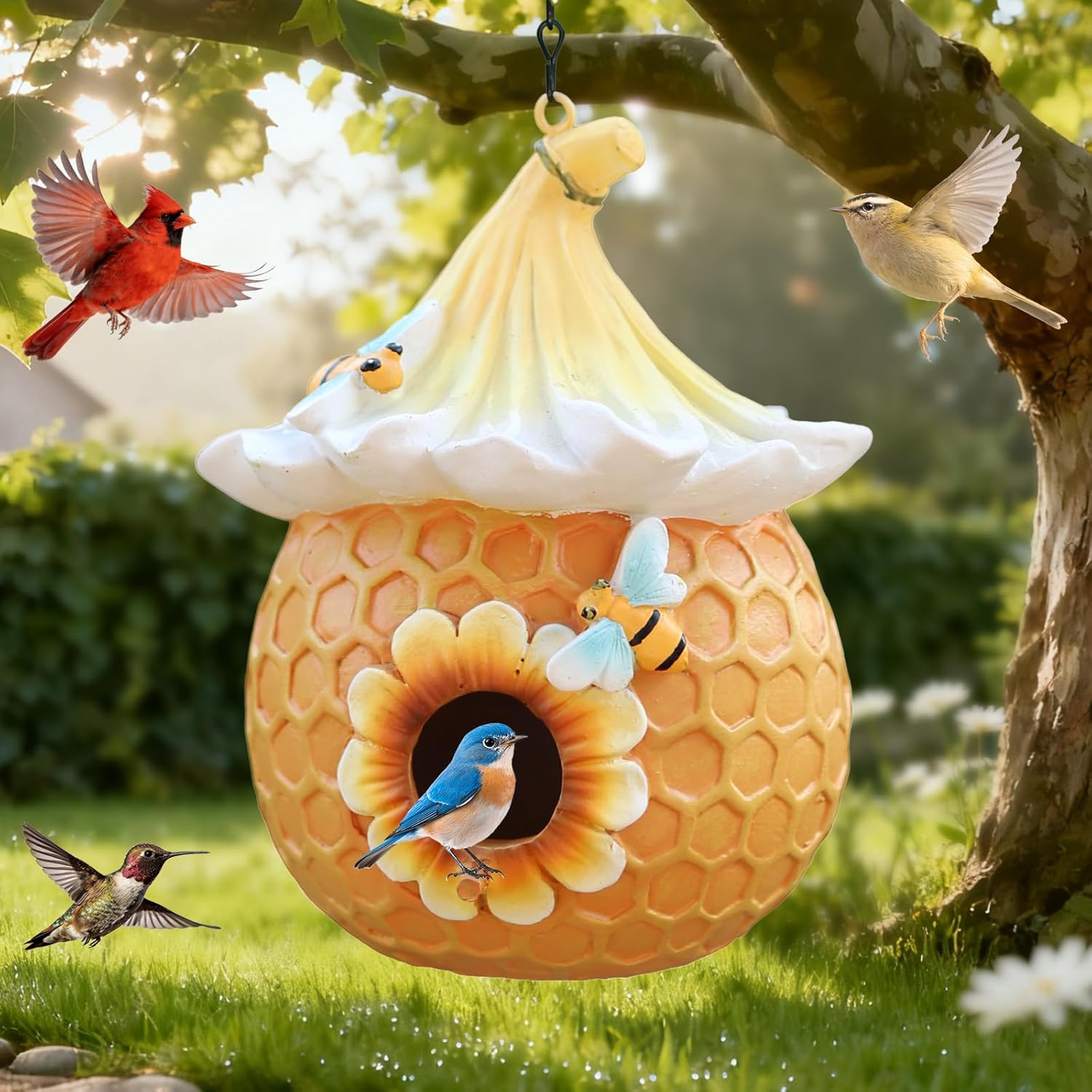 Bird Houses for Outside Yellow Cottage Resin Birdhouse, Garden Outdoor Decor Bird House with Flower and Bees, Birdhouses for Outdoors for Bluebird Finches Cardinals