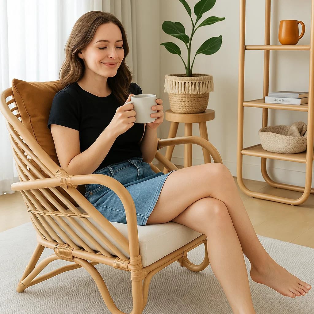 IRA Single Seater Chair for Living Room | Accent Armchair Lounge Chair for Bedroom Office Balcony | Comfortable Wooden Frame Relaxing Cushioned Sofa Chair with Cushion | Modern Home Furniture-image-48