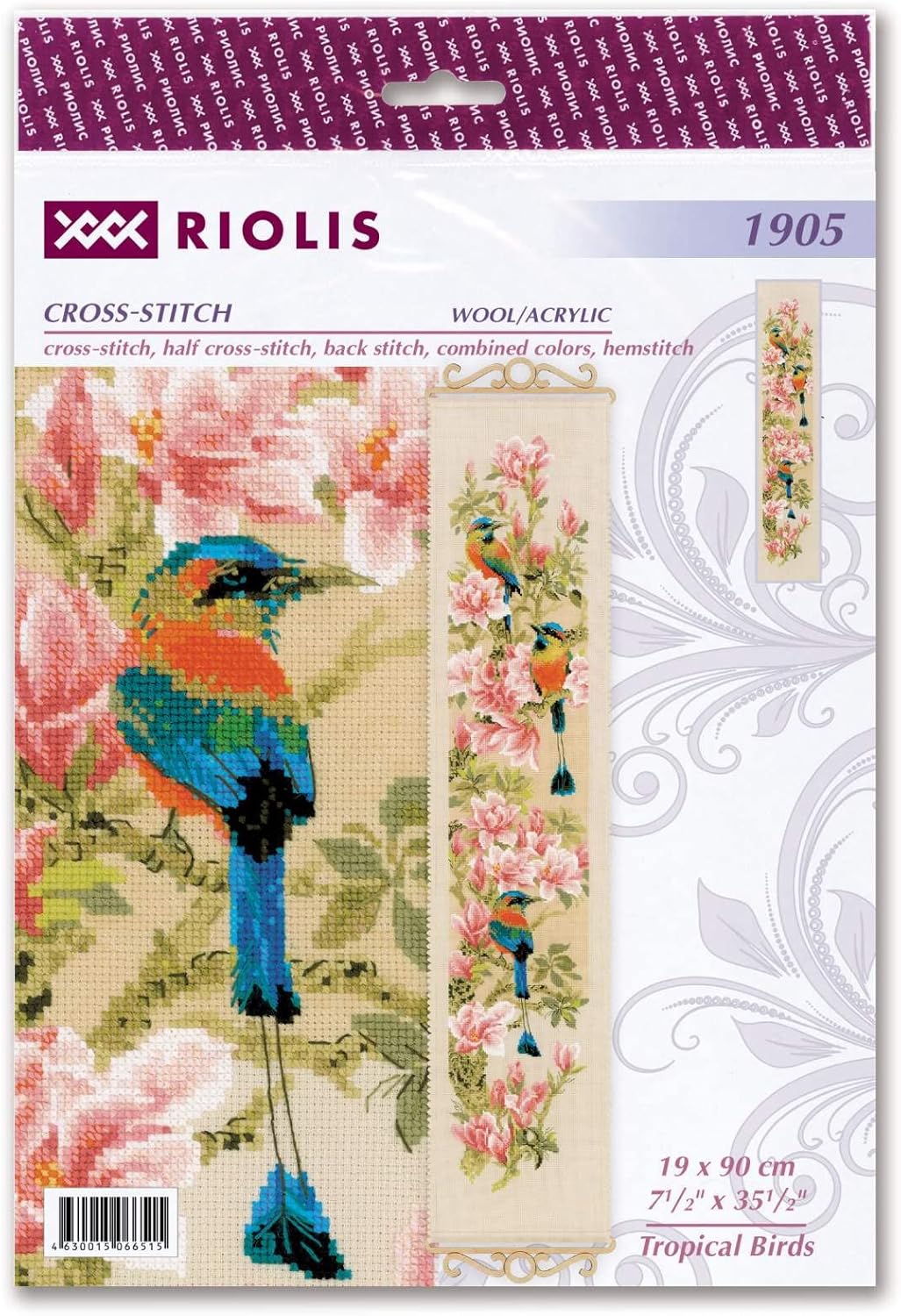 RIOLIS - Tropical Bird 1905, Floral Cross Stitch Kits 7.5"X35.5", Cross Stitch Kits for Beginners & Advanced, Crossstitching Kits Adult, Counted Stitching Kits, Flowers Embroidery Kit