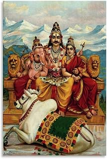 Raja Ravi Varma Print Poster,Shiva, Parvati And Ganesha Canvas for Bedroom Living Room Decor 24x36inch(60x90cm) Unframe-style