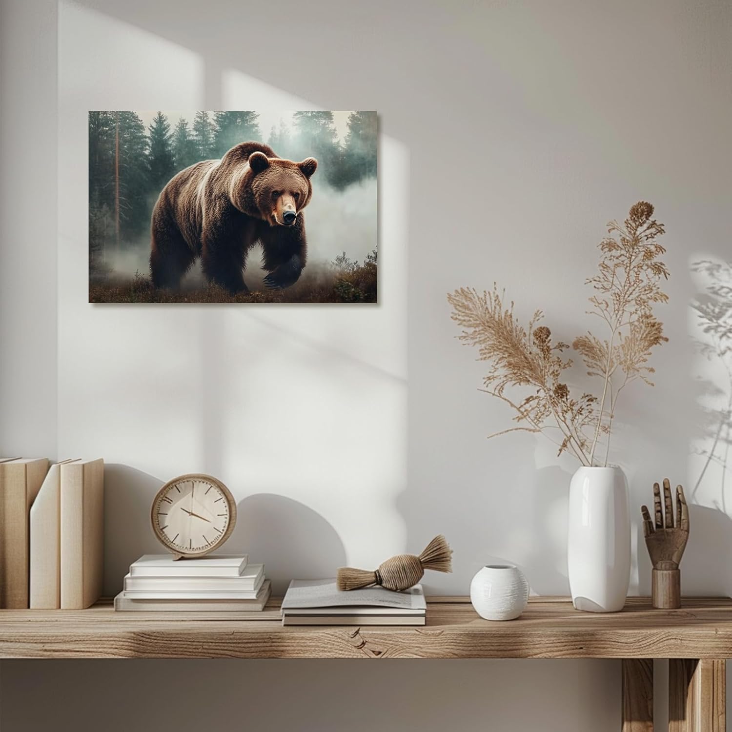 XLMDYYSW Bear Wall Art Wildlife Canvas Prints Wild Animal with Misty Forest Picture Natural Woodland Painting for Living Room Home Bedroom Decor Framed (Black, 12L x 18W)