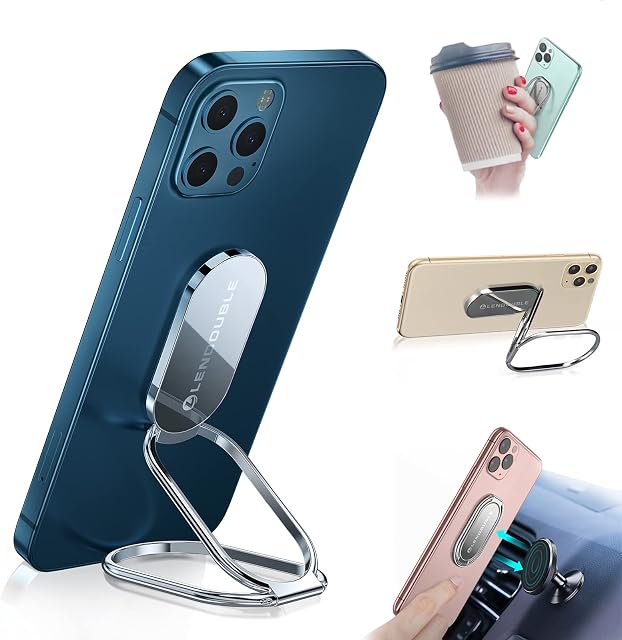 Foldable Cell Phone Stand for Desk, Adjustable Cellphone Ring Holder Finger Kickstand for Office Desktop & Magnetic Car Mount, Rotatable Multi-Angle Hand Grip for iPhone and All Smartphones Back Case