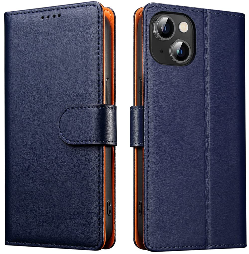iWEOCO Compatible with iPhone 14 Case Wallet Genuine Leather with Anti-Theft RFID Blocking Kickstand Strong Magnetic Clasp Closure Cash Credit Card Slots Protective iPhone 14 Wallet Case (Blue)