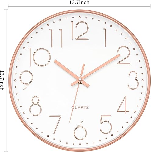 Miniatura 6 de Foxtop Reloj de pared de 14 pulgadas, reloj de pared grande silencioso sin tictac de oro rosa, funciona con pilas, reloj de pared redondo de cuarzo,