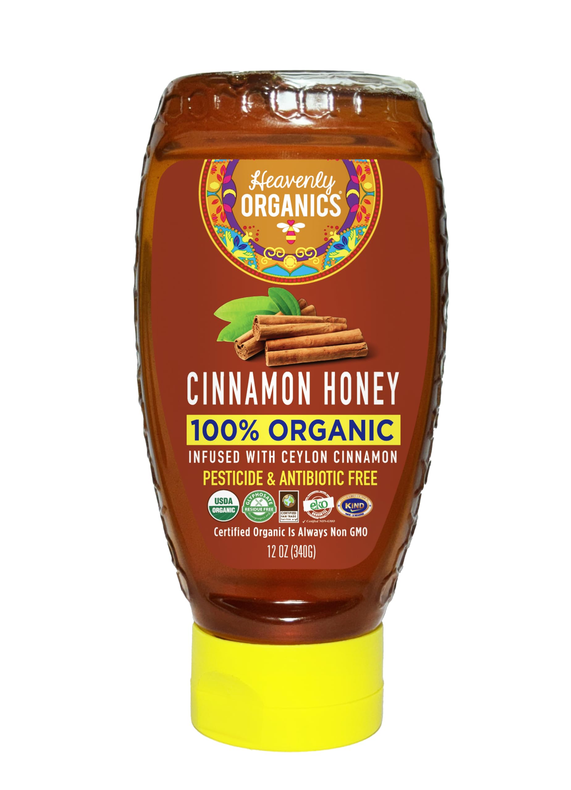 Heavenly Organics 100% Organic Cinnamon Honey Infused with Cinnamon, Lightly Filtered to Preserve Vitamins, Minerals and Enzymes; Made from Wild