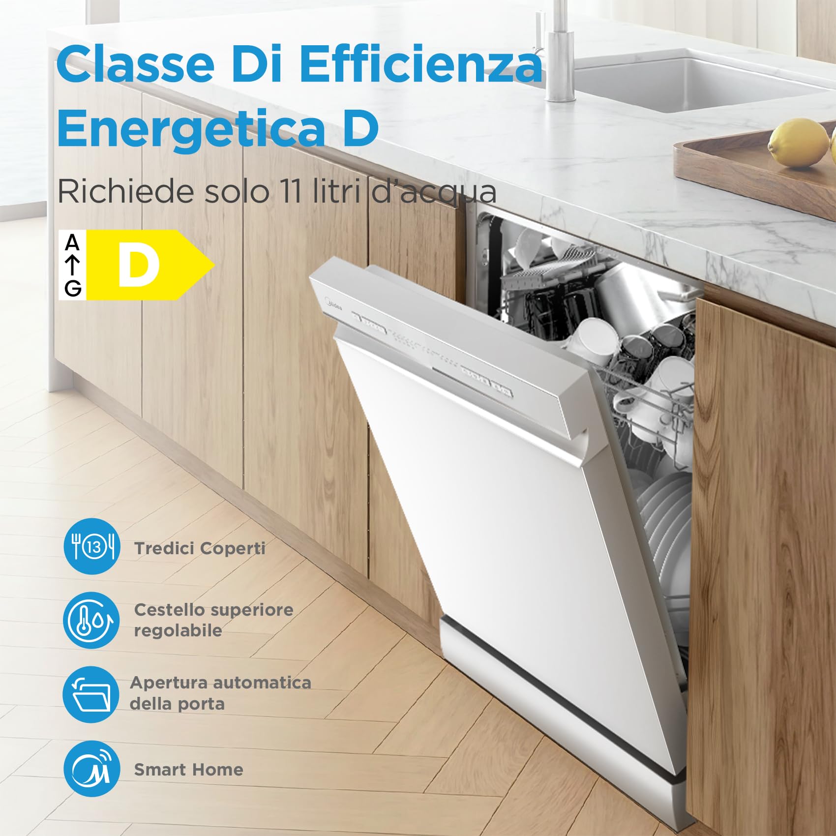 Midea MDWPF1333CW-WD-EU Lavastoviglie Libera Installazione con 13 coperti, 8 Programmi, Partenza Ritardata, Funzione di Mezzo Carico, Asciugatura Extra - Bianco