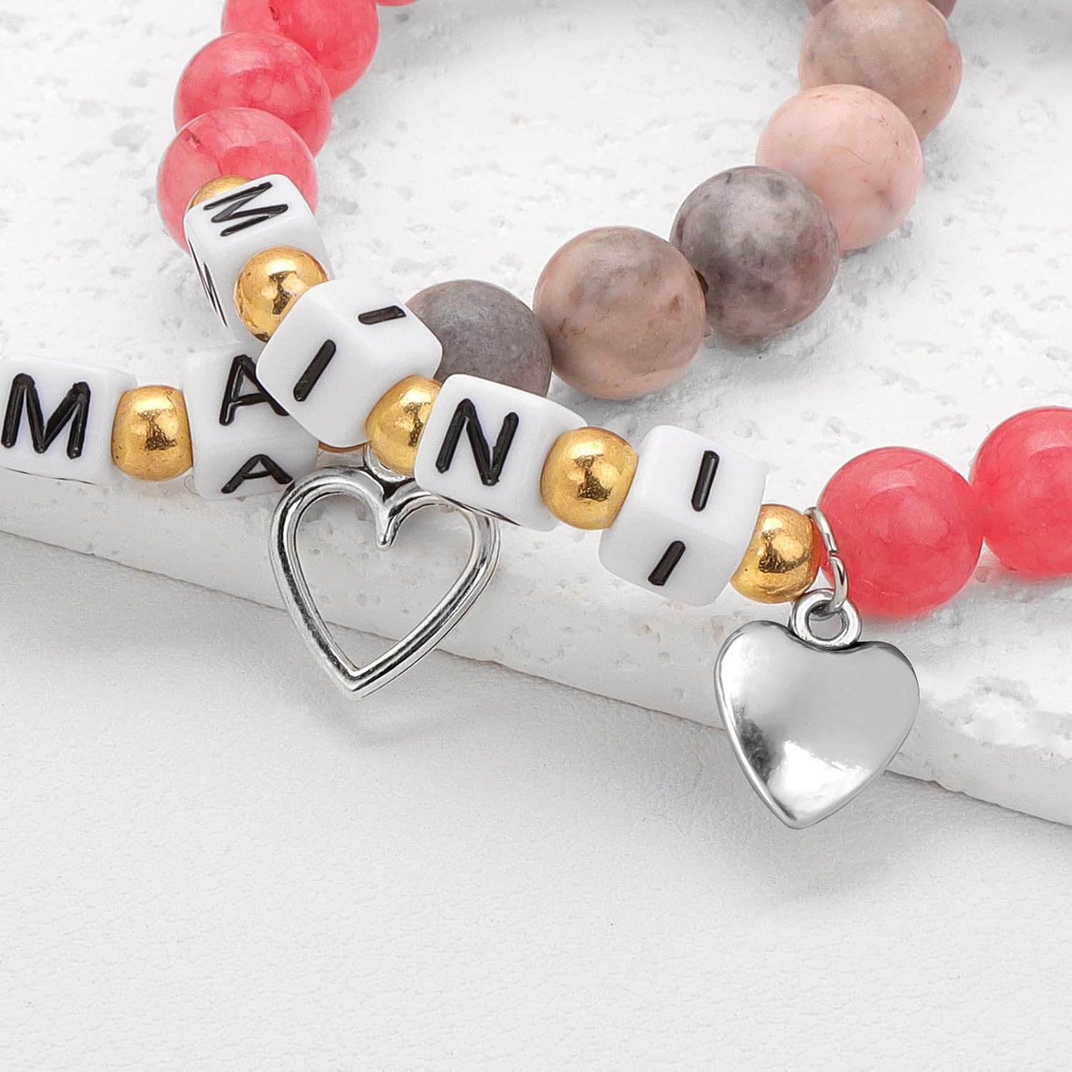 Mother Daughter Bracelets Mama and Mini Matching Heart Bracelets Natural Stone Beads Stretch Bracelet for women Mothers Day Gifts for Mom Daughter - Image 3