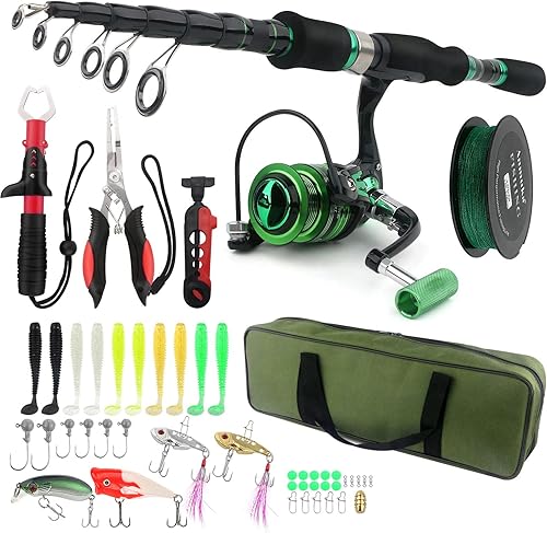 Kit de caña de pescar telescópica, carrete giratorio, accesorios de señuelo compacto, bolsa de aparejos de pesca liviana, juego de equipo de pesca