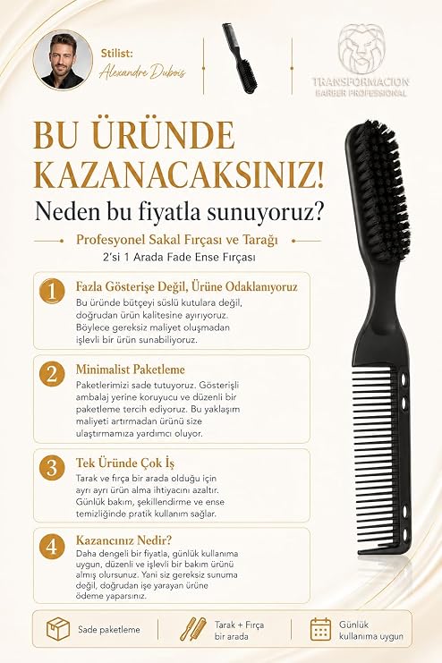 Transformacion Profesyonel Sakal Fırçası ve Tarağı, 2'si 1 Arada Fade Ense Fırçası, Doğal Kıl Sakal Şekillendirici Bakım Seti 719584