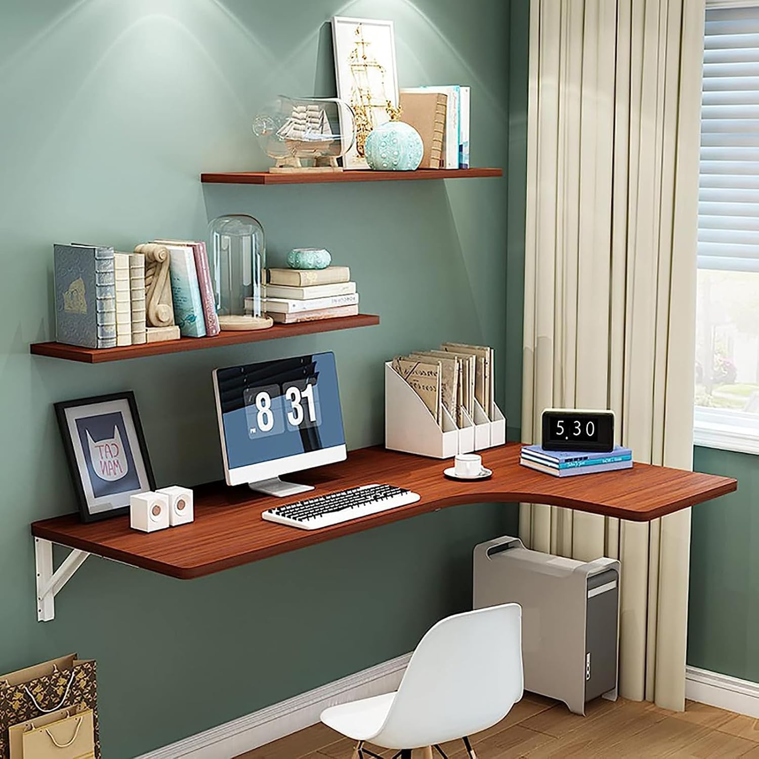 Fold Down Floating Desk, L-Shaped Wall Mounted Computer Desk,Wall Mounted Desk with Shelf,Wall Mounted Folding Table,Collapsible Workbench 60x40x25cm/24x16x10in Black