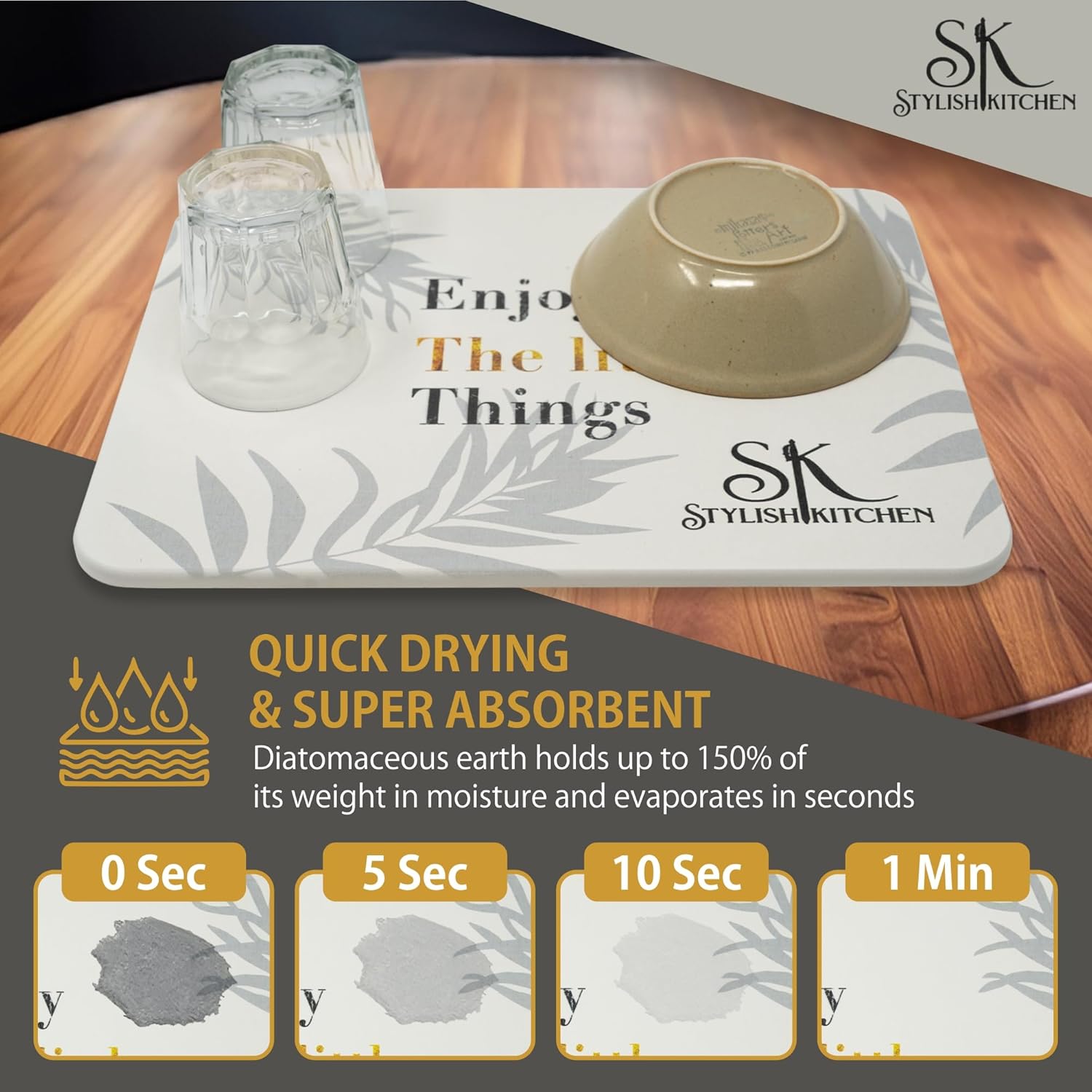 Stone Dish Drying Mat (24x16") - Ultra-Absorbent, Fast-Drying Counter Mat with Natural Diatomaceous Earth - Non-Slip for Kitchen and Bathroom