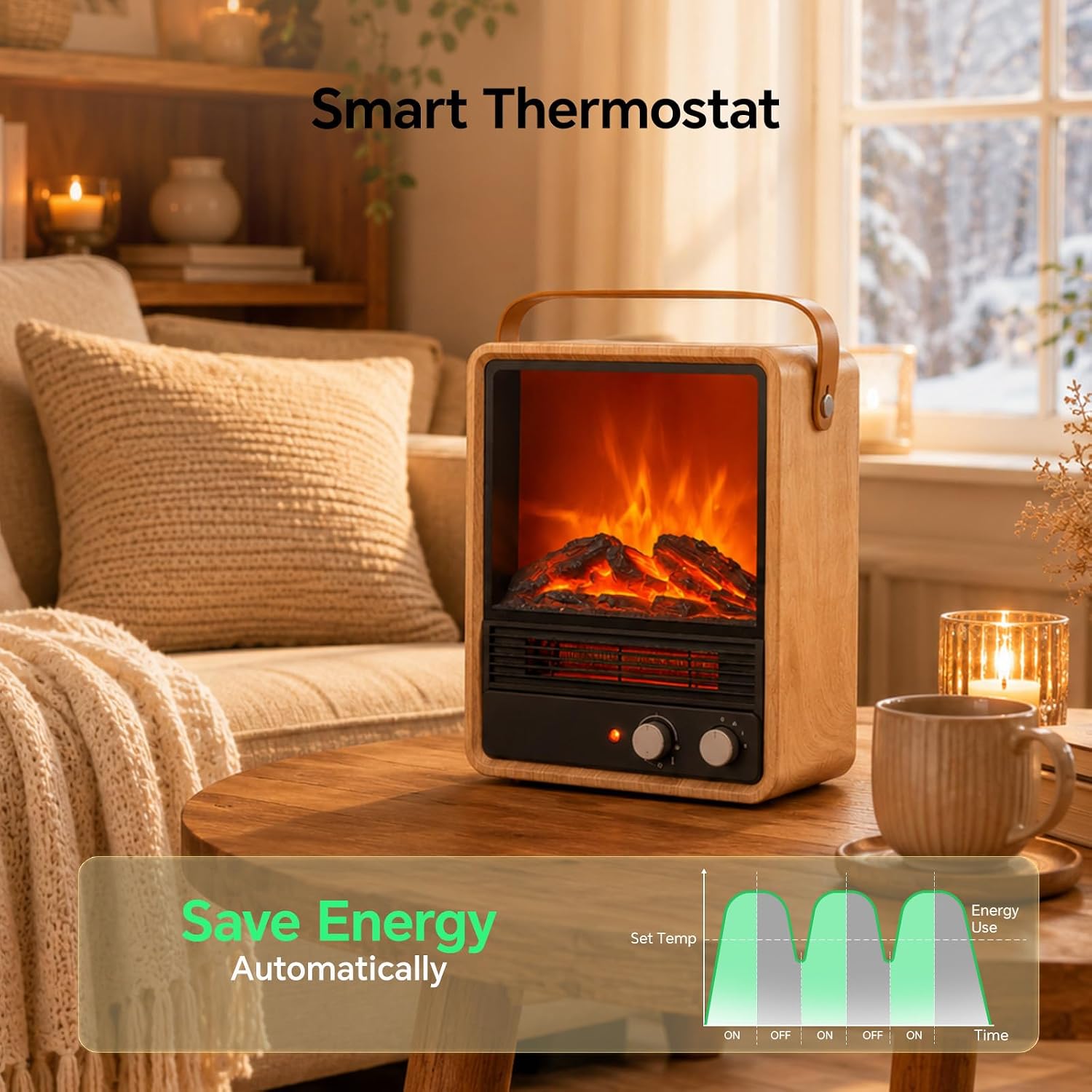 shinic Electric Fireplace Heater, 3D Flame Effect & Sound (Oak)