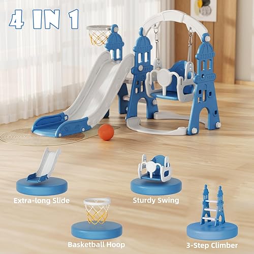 Miniatura 2 de YUFU Juego de tobogán y columpio 4 en 1 para niños pequeños con escalador, columpio, aro de baloncesto, juego para interiores y exteriores para