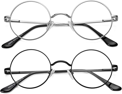 Vintage Round Metal Glasses Frame with Clear Lens, 2 Pack Women Men Non-Prescription Eyeglasses