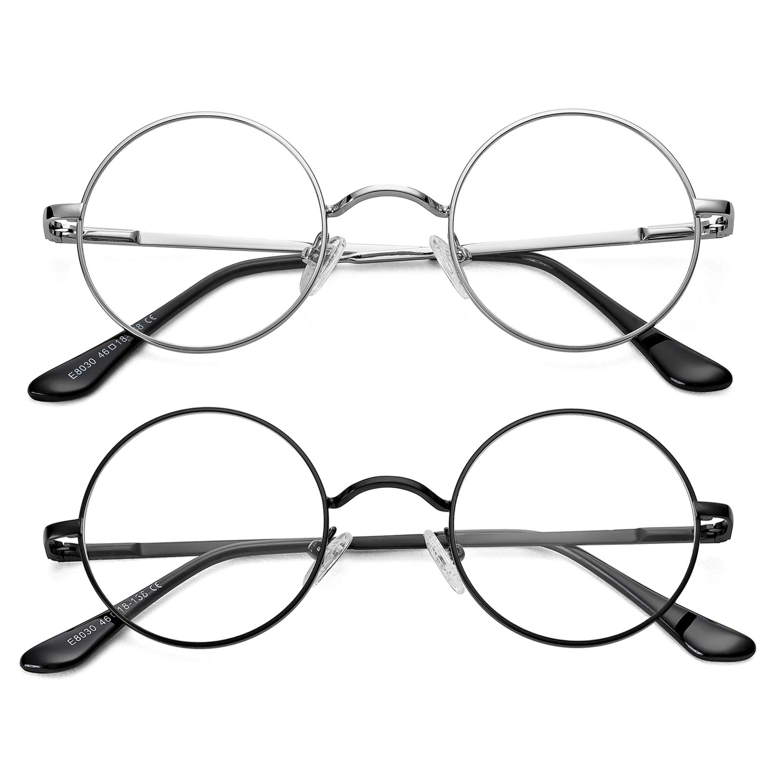 Vintage Round Metal Glasses Frame with Clear Lens, 2 Pack Women Men Non-Prescription Eyeglasses