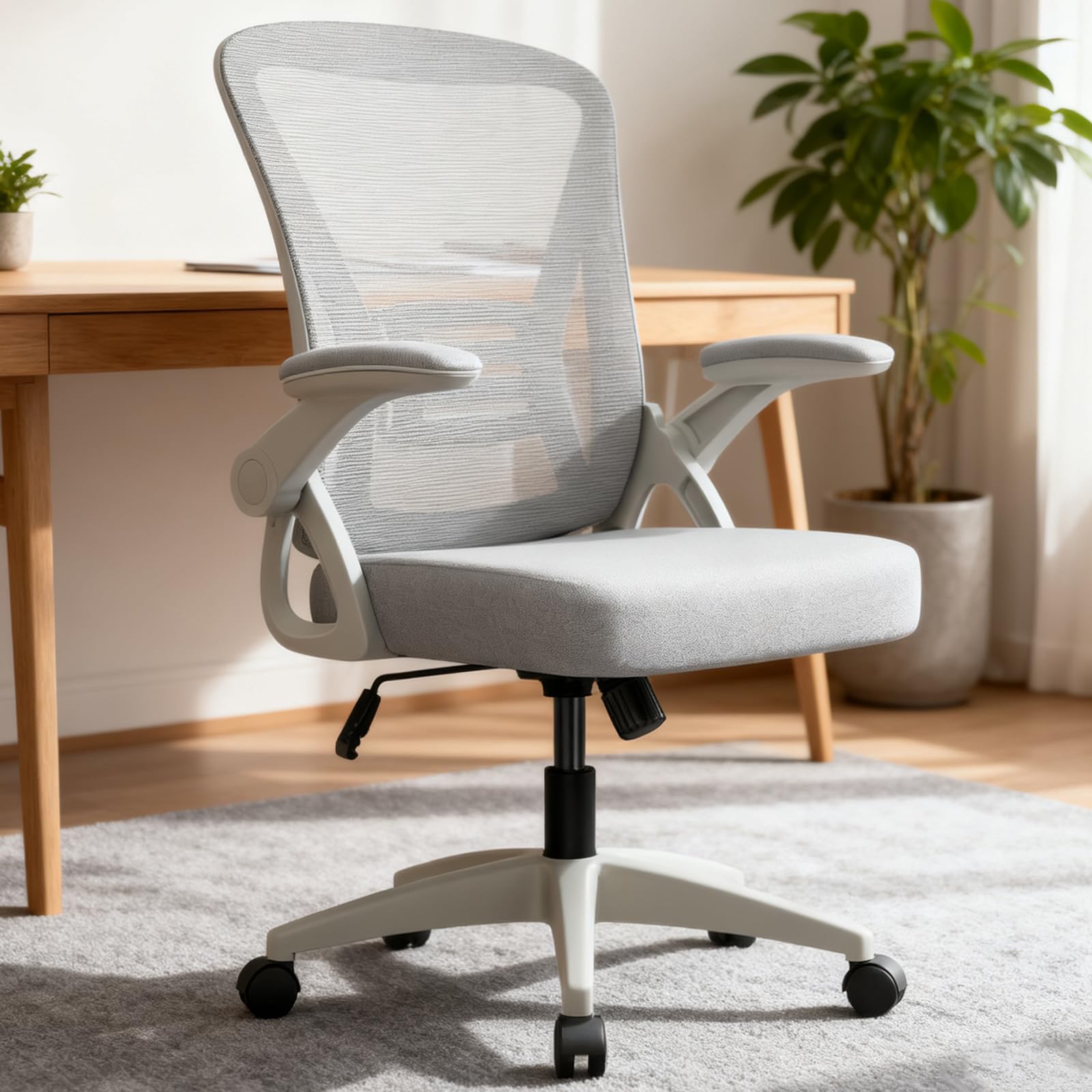 GartistGo Ergonomic Office Chair with 90° Flip-up Armrests & Lumbar Support, High-Density Sponge Seat Cushion, with Gaslift (150kg Capacity) & Breathable Mesh Backrest - Easy Assembly (Grey)