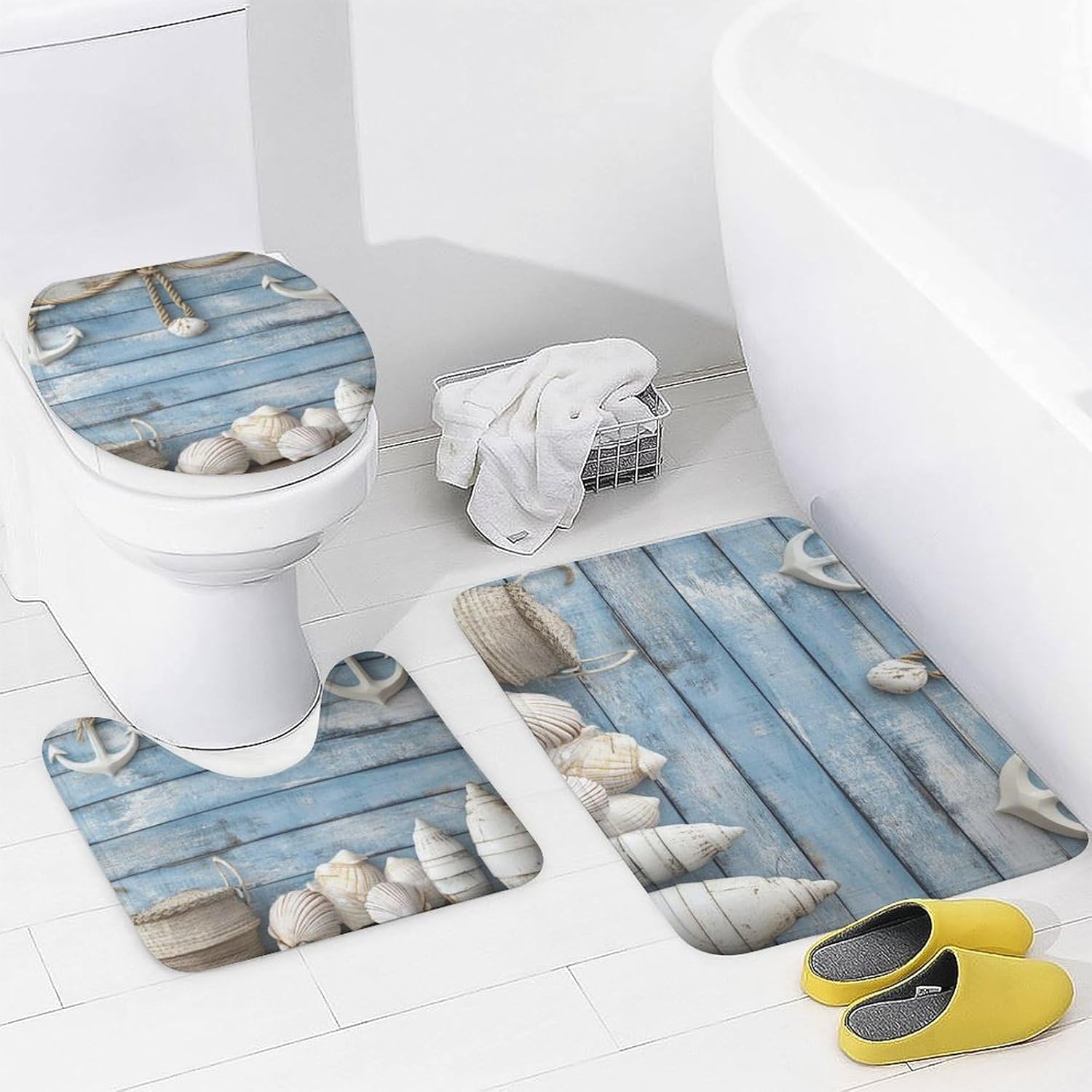 4Pcs Retro Wooden Board Anchor Shower Curtain Sets, 4pcs Ocean Nautical Conch Shower Curtains for Bathroom with Rugs, Toilet Lid Cover, Bath Mat, 72" x 72"