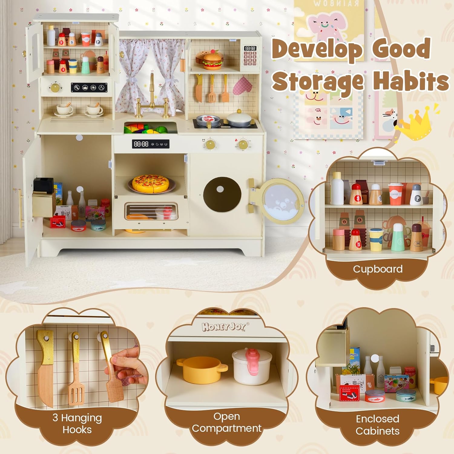 HONEY JOY Play Kitchen with Enhanced Storage, Wooden Kids Kitchen Playset, Ice Maker & Coffee Maker, Stove, Microwave, Oven, Little Chef Pretend Toy Kitchen Set for Boys Girls Gift (Cream Golden)