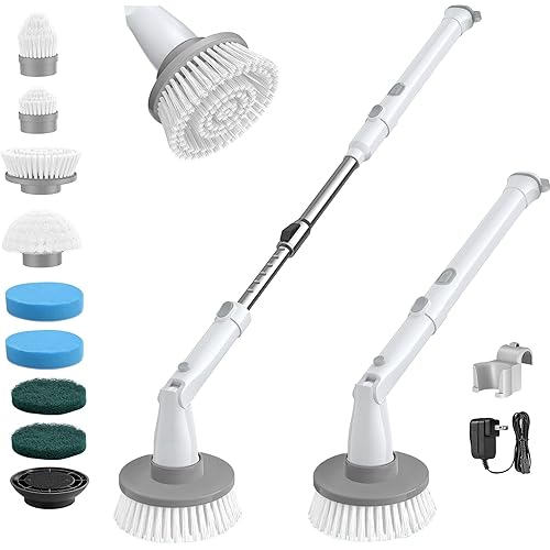 kHelfer Electric Spin Scrubber, Cordless Shower Scrubber with Long Handle, 8 Replacement Heads, 1.5H Bathroom Scrubber Dual Speed, Shower Cleaning Brush with Extension Arm for Bathtub Tile Floor