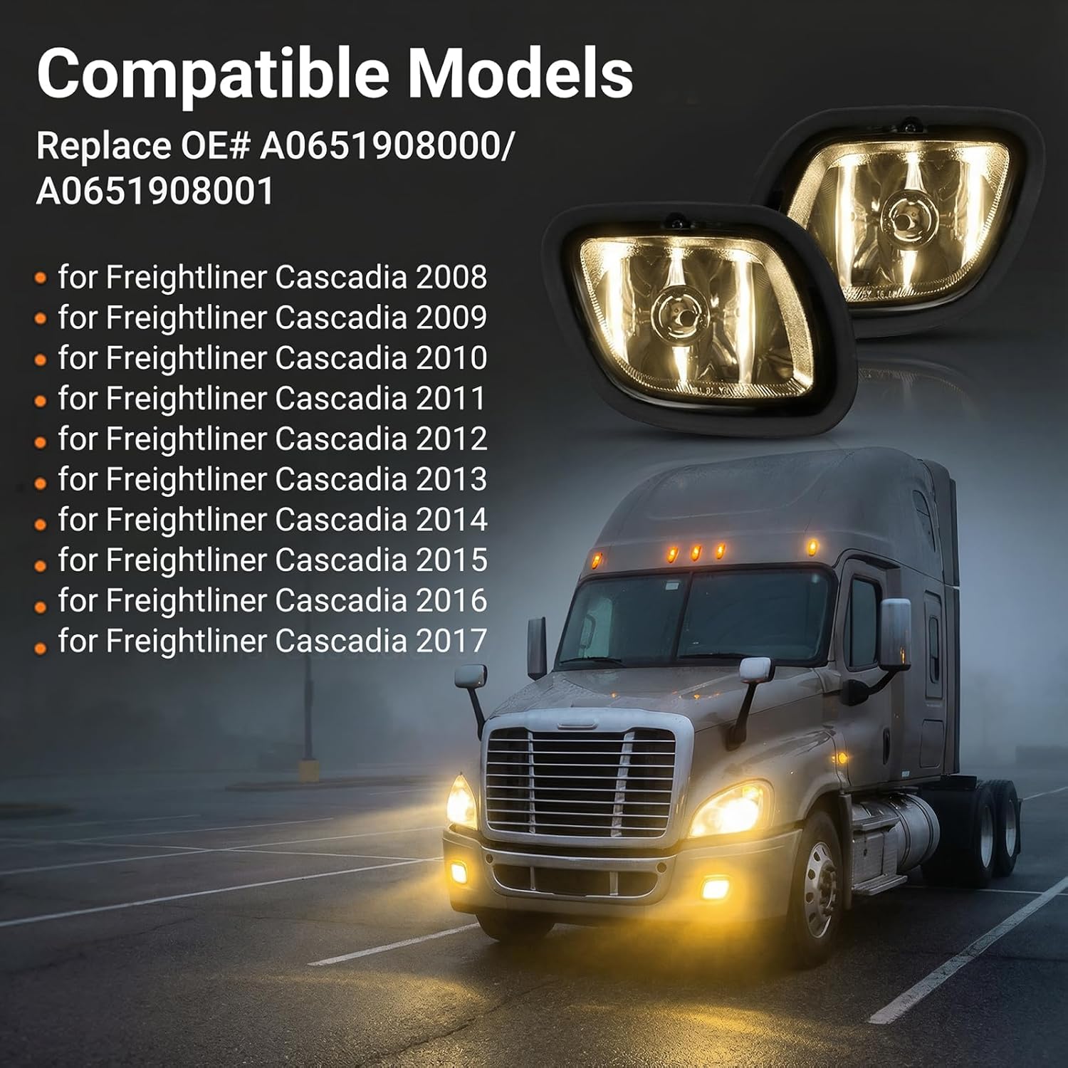 Fog Lights for Freightliner Cascadia 2008-2017, Front Fog Light Assembly Fog Lamp Waterproof Clear Replace Trucks Accessories (A Pair) A0651908000/A0651908001