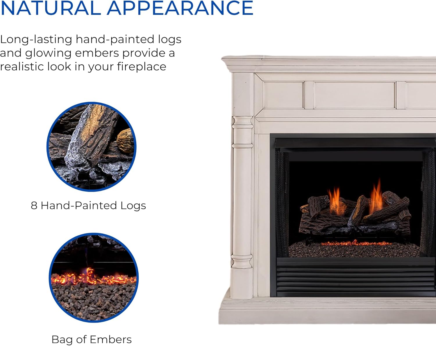 Close-up of the Duluth Forge Ventless Gas Log Set showing the arrangement of the hand-painted ceramic logs and glowing embers.