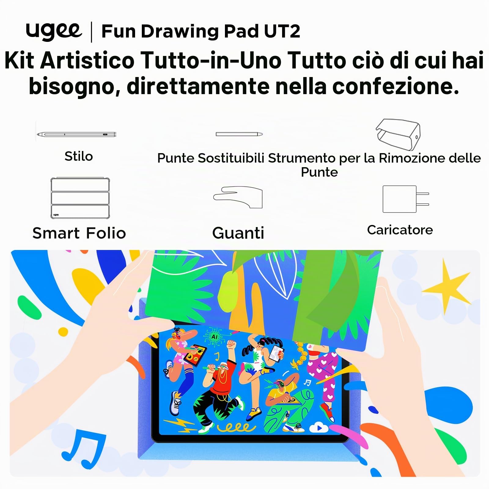 UGEE Pad – Tablet disegno 6 GB + 128 GB – Schermo 2K Ultra HD laminato – Android 14 – Supporto disegno