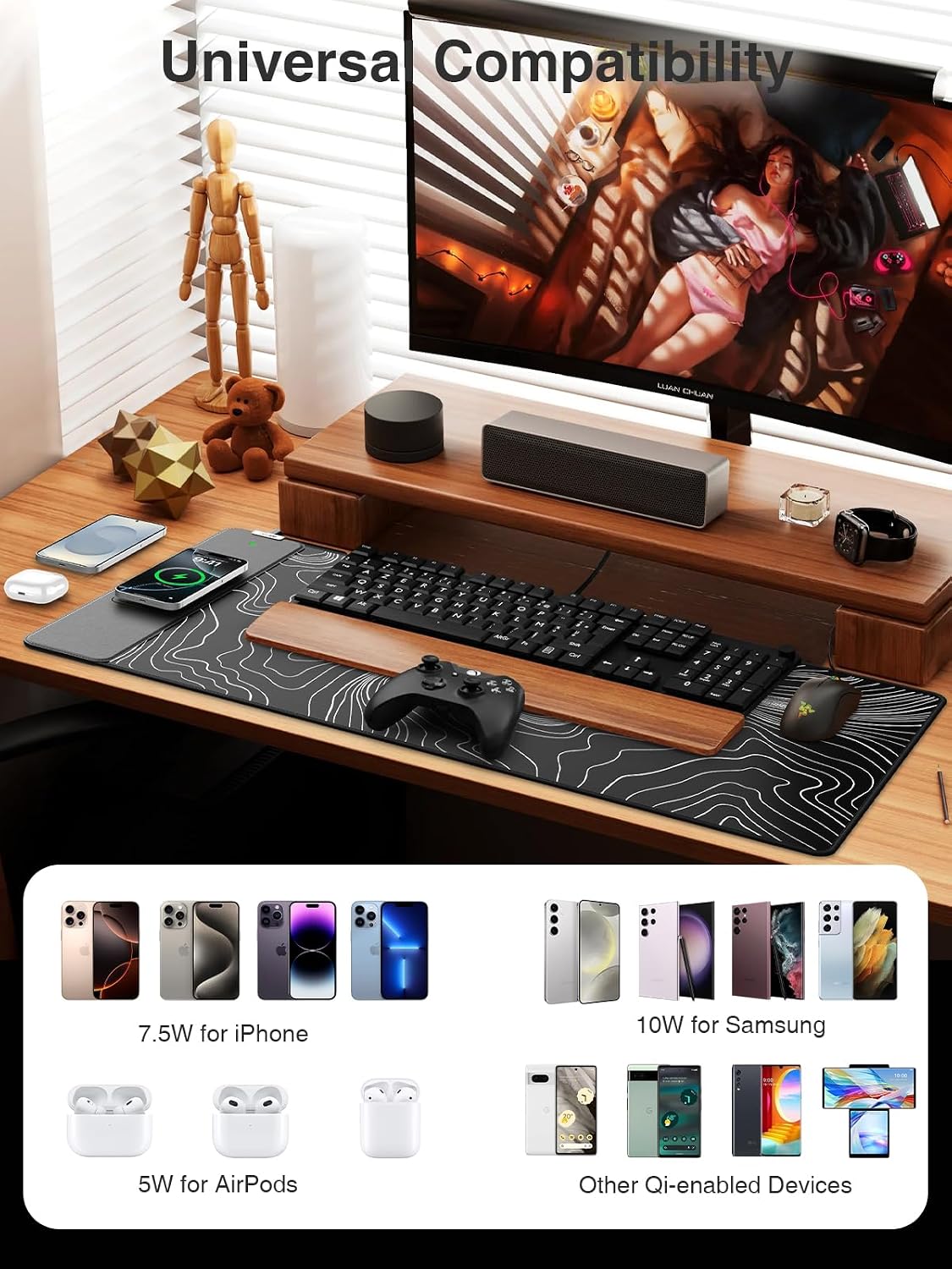Magnetic Wireless Charging Mouse Pad, 31.5"x15.8" Large Desk Mat image 3
