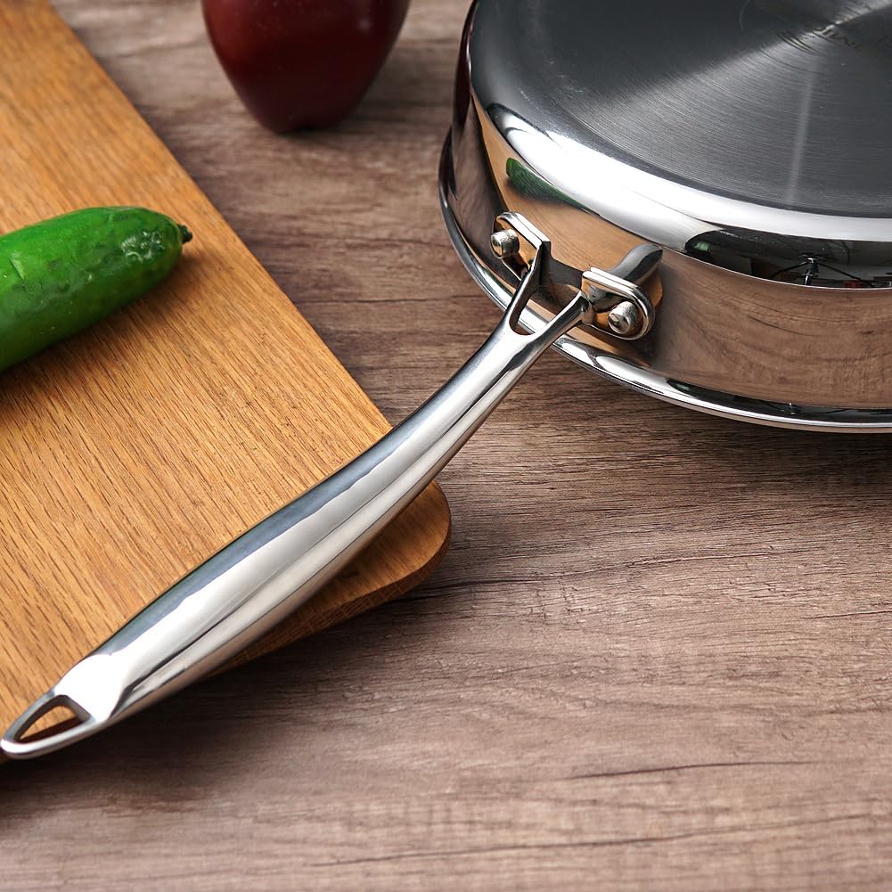 HOMICHEF Mirror Polished NICKELFREE Stainless Steel 3 Quart/ 9.5 Inch Saute Pan with Glass Lid (No Toxic Non Stick Coating, Whole-Clad 3-Ply) - Stainless Steel Saute Pan
