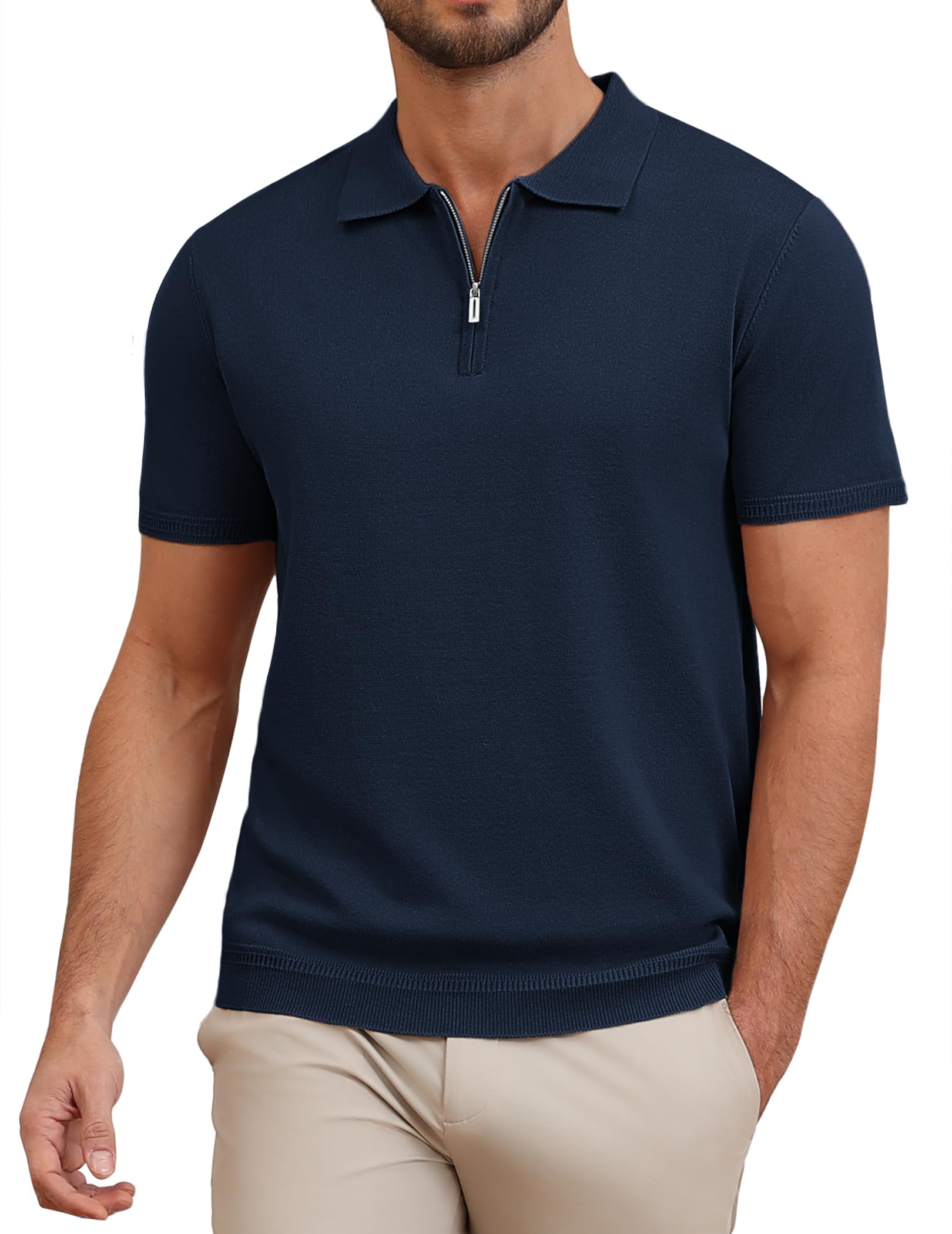 COOFANDY Herren Poloshirt Kurzarm Zip Polo Reißverschluss Sommer EIS Strick Polo T-Shirt Polohemd Golf Shirts