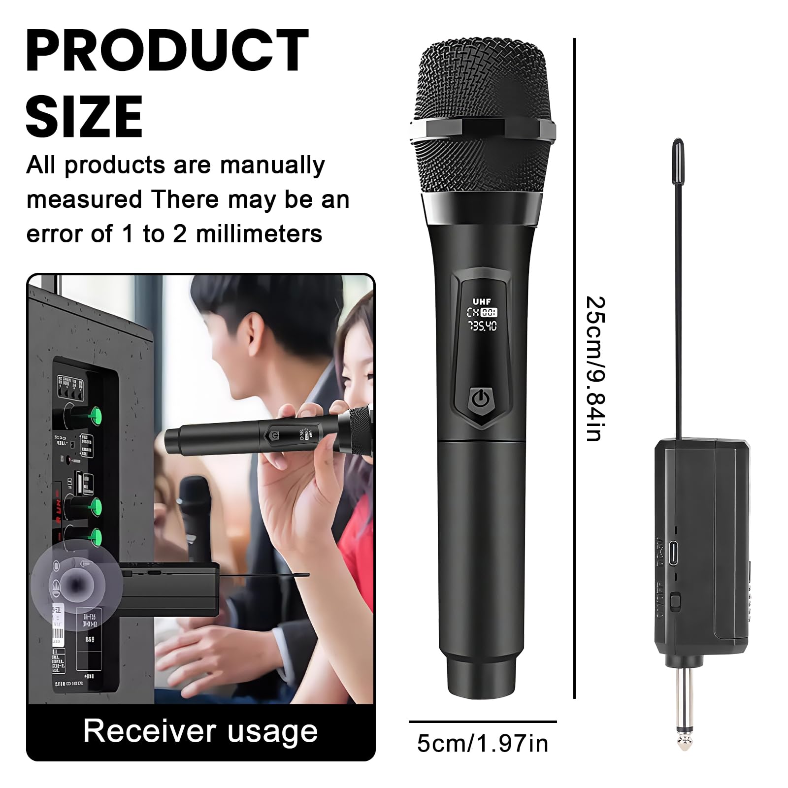 2 microfoni senza fili: microfono wireless UHF ricaricabile, 4 ore di autonomia, portata 60 piedi, doppio microfono dinamico senza fili per karaoke, matrimonio, DJ, festa