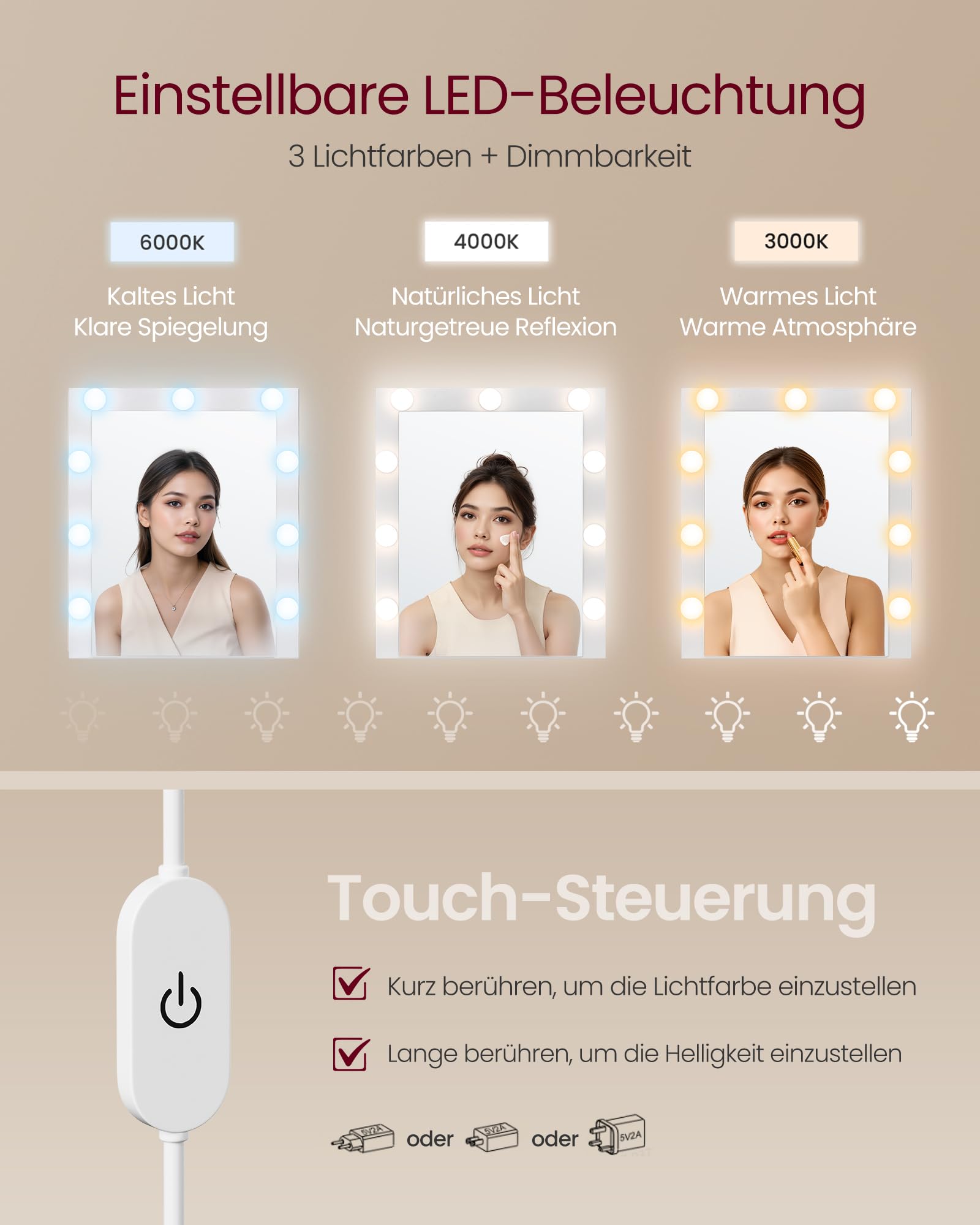 VASAGLE Kailyn Kollektion - Schminktisch mit Spiegel und LED-Beleuchtung, Frisiertisch 9 Glühbirnen, 8 Schubladen, 3 Ablagen, 3 Lichtfarben, gerade oder L-förmig, wolkenweiß RDT140WB01