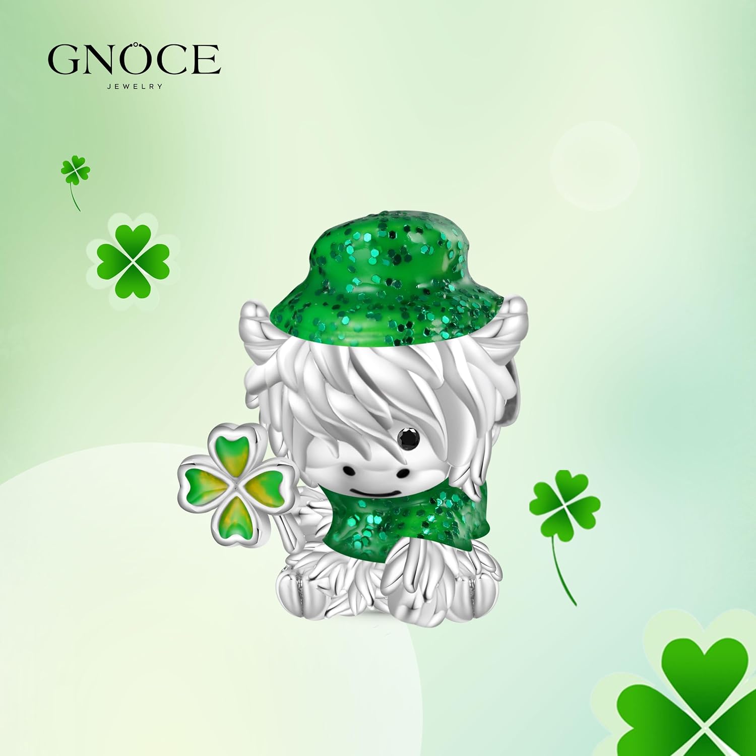 GNOCE St. Patrick's Day Highland Cow Glow-in-the-Dark Clover Charm Bracelet for Women, S925 Sterling Silver Pendant Charm for Women Wife, Valentine‘s Day, Mother’s Day Jewelry