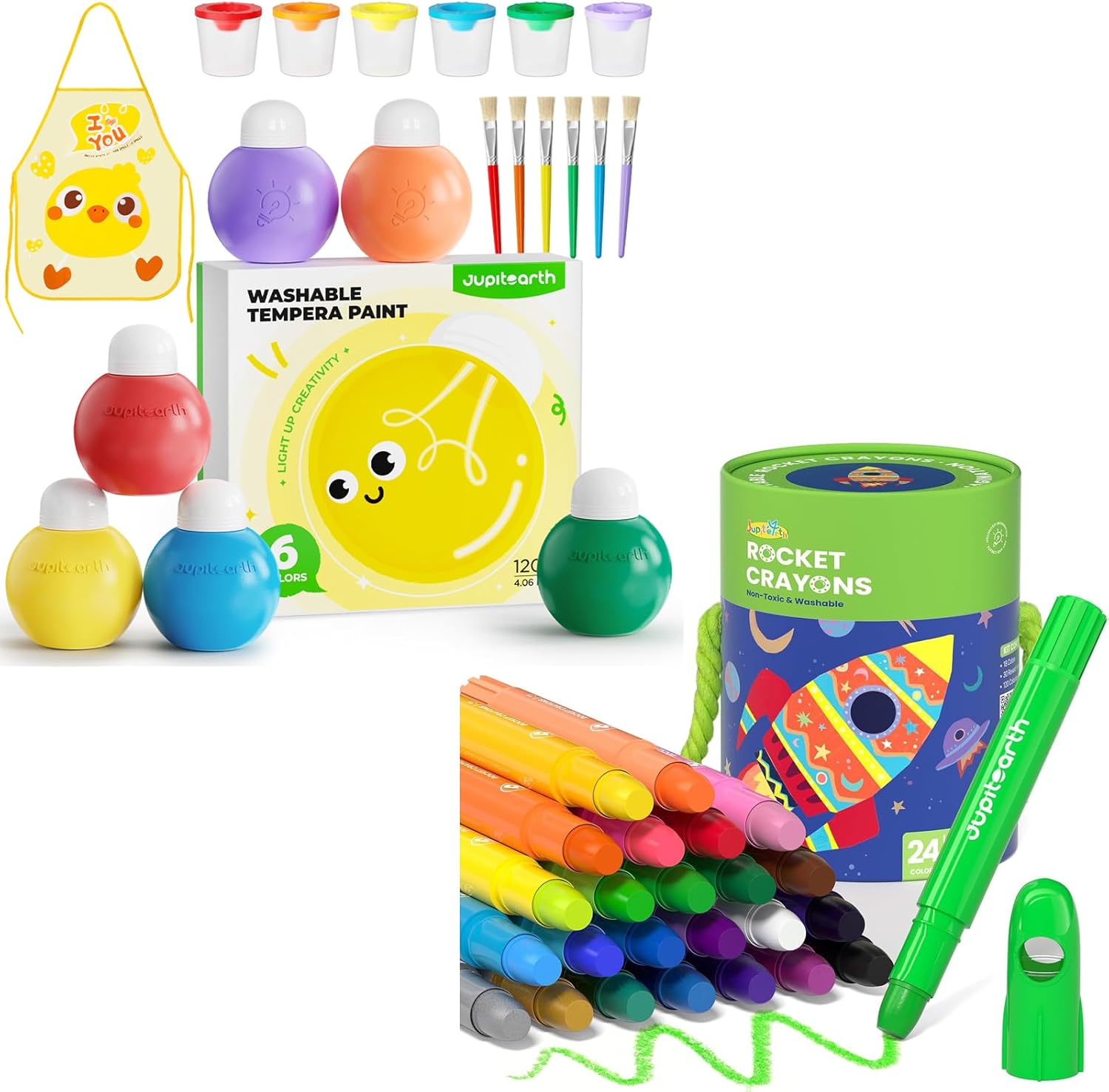 JUPITEARTH 24 Colors Twist Crayons for Toddlers 1-3 + 6 Colors Washable Tempera Paint Set, 4.06oz(120ml) Non Toxic Finger Paints for Toddlers and Kids
