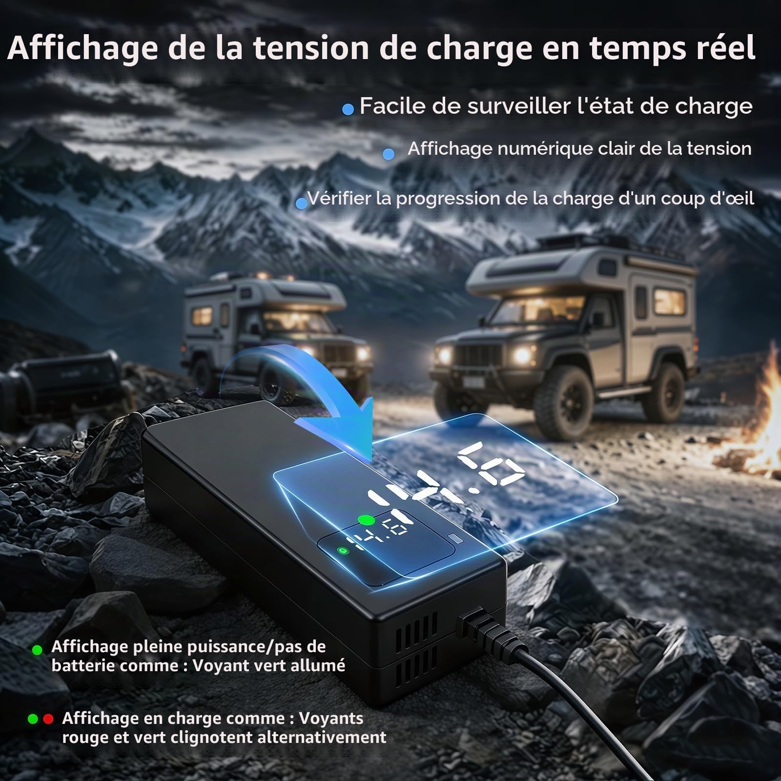 Chargeur de Batterie LiFePO4 14,6 V 5 A pour Batterie 12 V (4S), avec Pinces Crocodile, écran d’Affichage de la Tension, Charge Intelligente, pour Camping-Car/nautisme/Moto