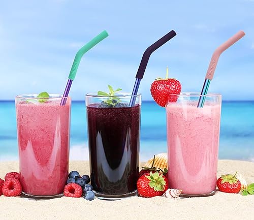 Miniatura 5 de Juego de popotes Senneny 5 popotes de acero inoxidable con puntas flexibles de silicón con codos, incluye 2 cepillos de limpieza y 1 bolsa portátil