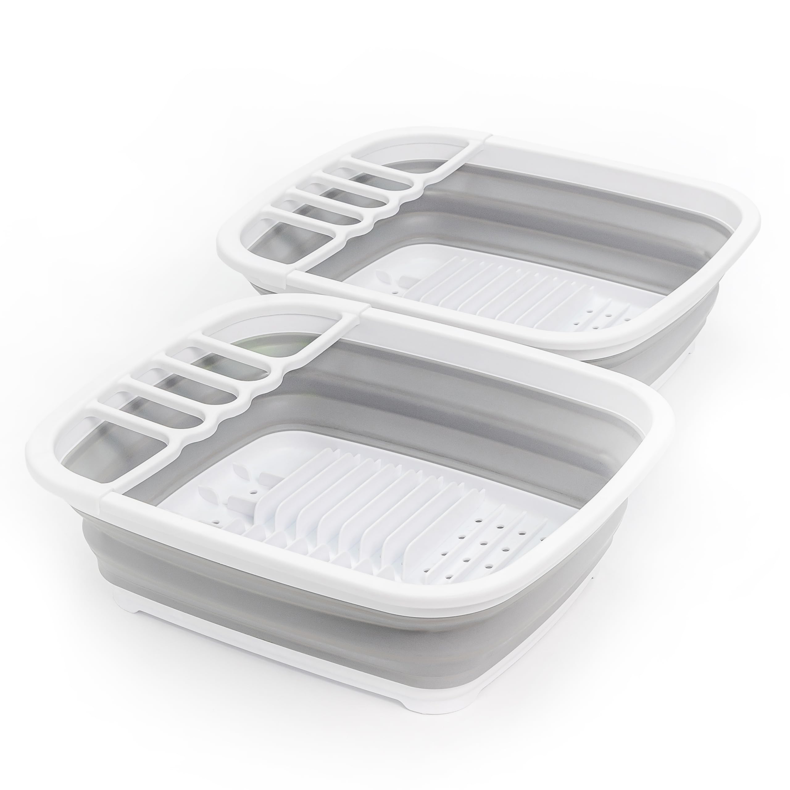 SAMMART 8L Collapsible Plastic Dish Drainer - Foldable Drying Rack - Portable Dinnerware Organizer - Space Saving Kitchen Storage Tray (White/Grey (Set of 2)) โ image 1