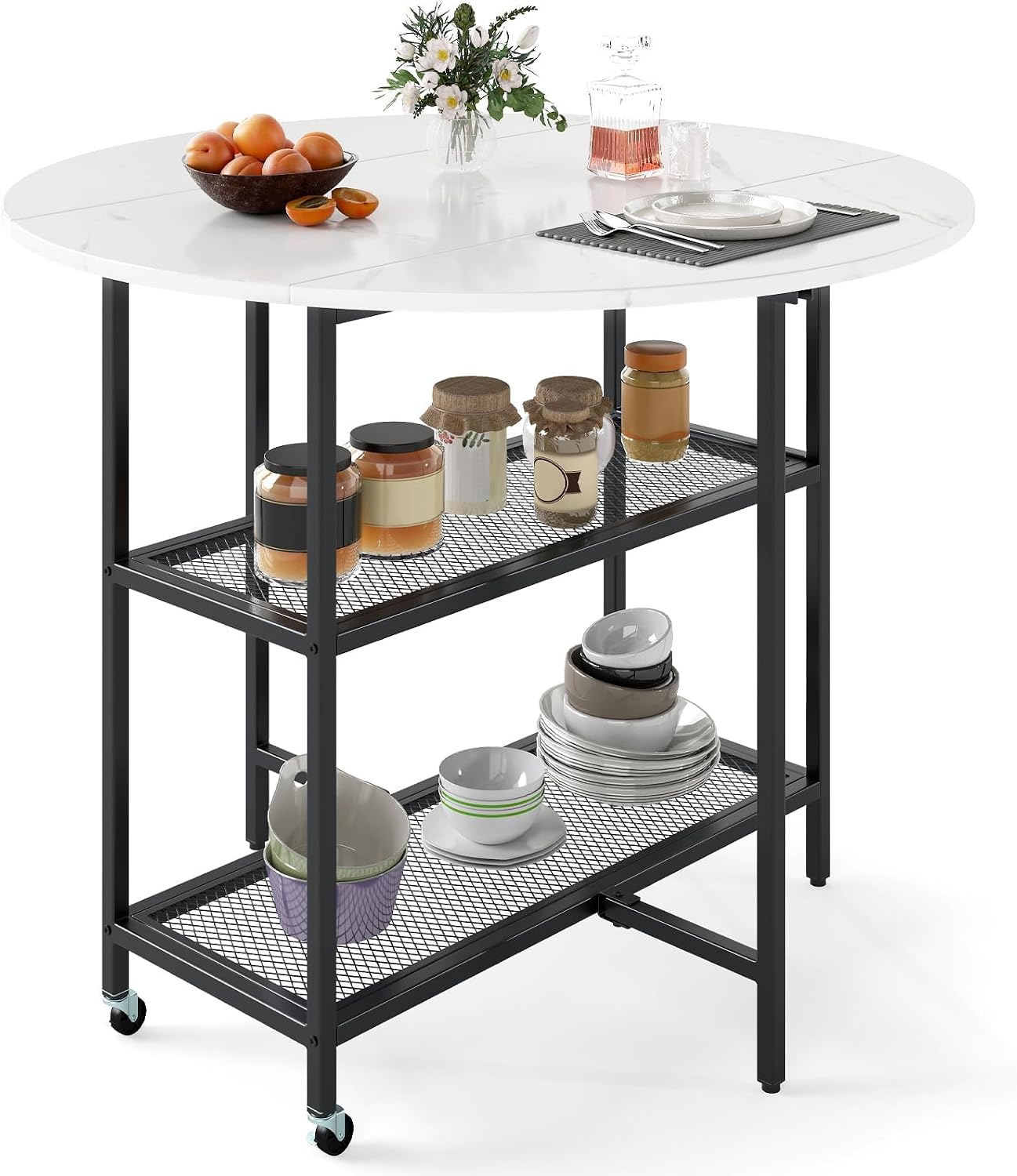 Folding Kitchen Table, Dining Room Table for 2-4 People, Dining Table with 2 Shelves, Mobile Folding Table, Marble Look, Round Table for Dining Room & Living Room (White)