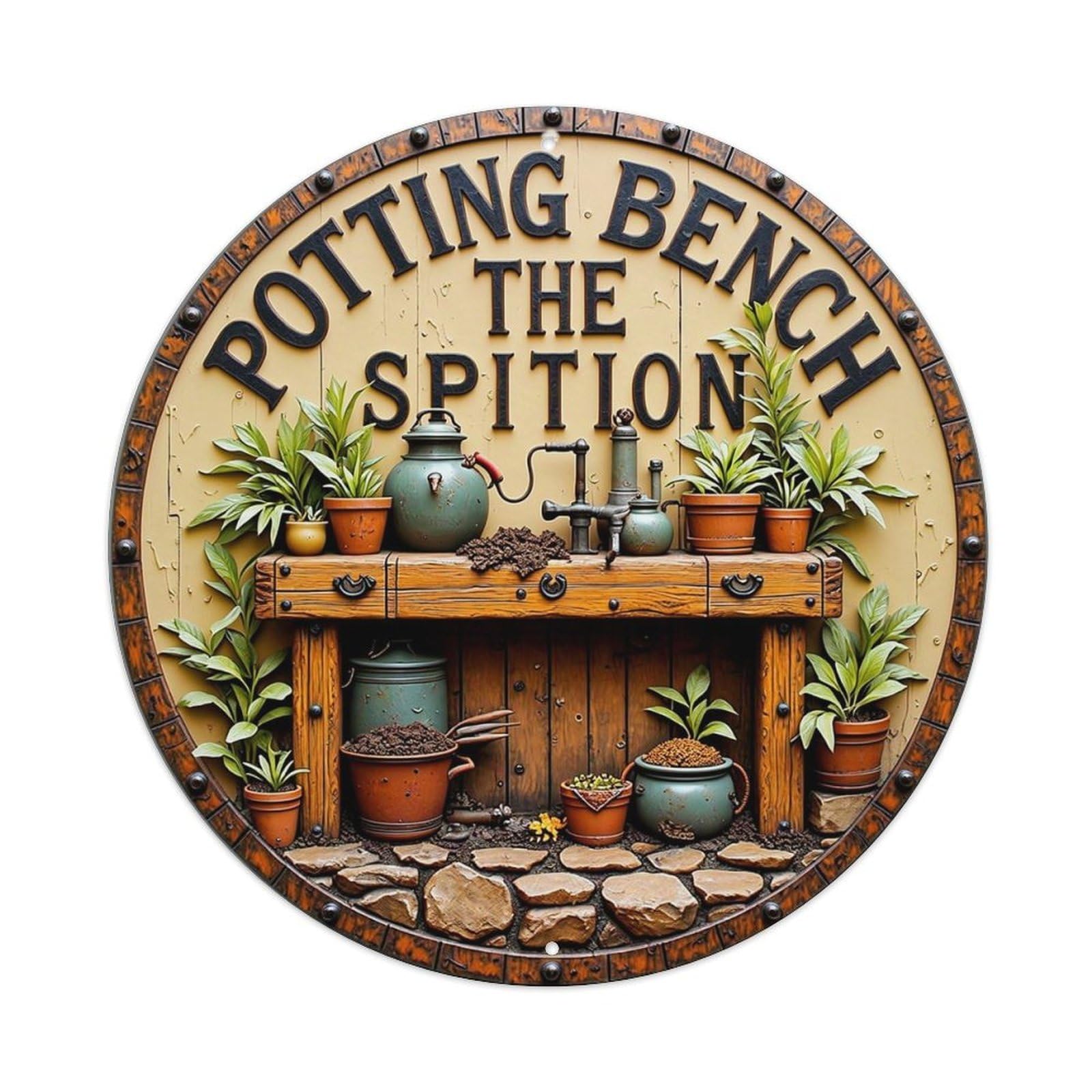 Potting Bench The Spition Retro Metal Sign Round Tin Sign, Vintage Decor Art Poster for Bar, Home, Man Cave, Kitchen, Laundry Room Gift 8x8Inch