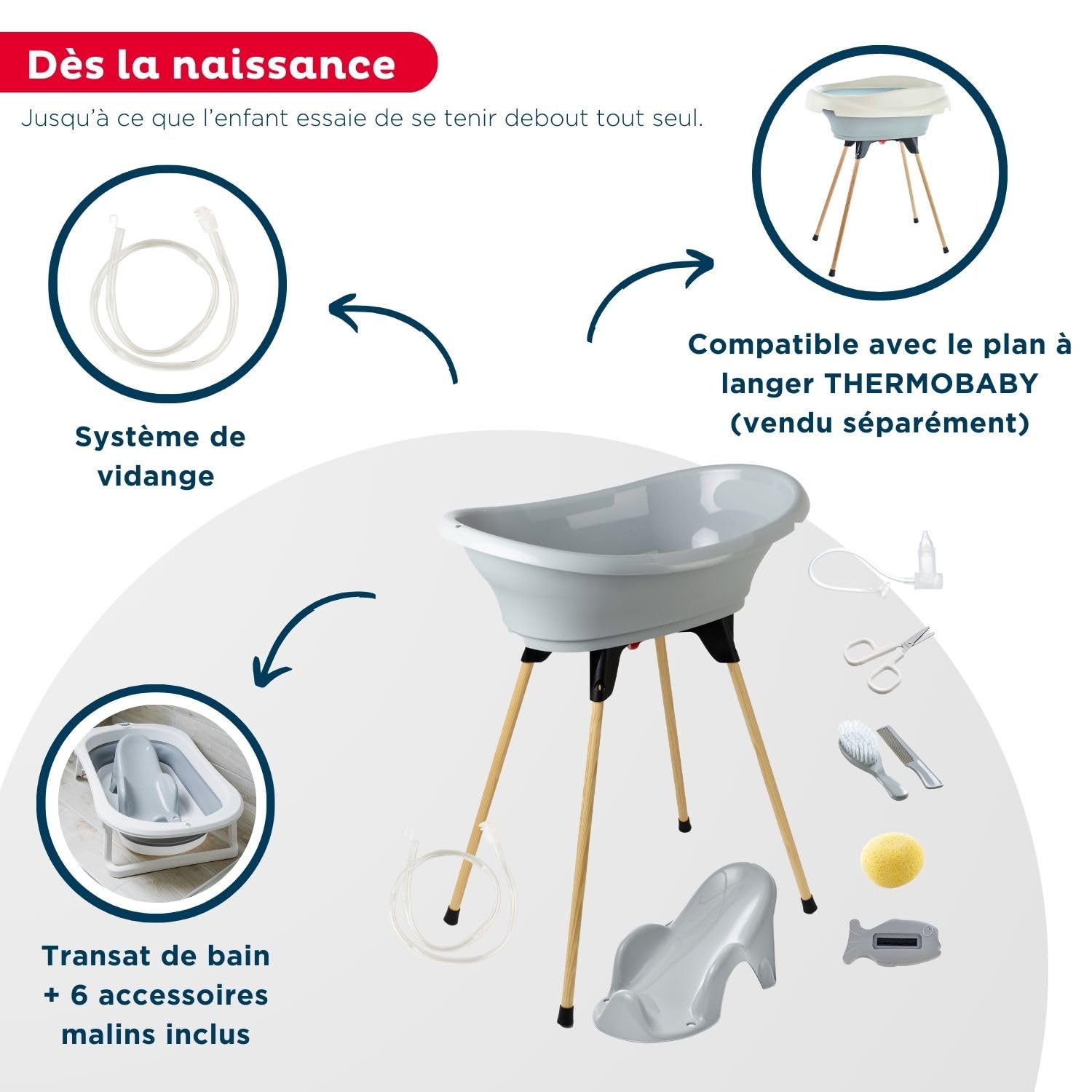 THERMOBABY - Zestaw do kąpieli dla niemowląt 9 w 1 szary - Wanna + składana nóżka + wąż spustowy + leżak do kąpieli + termometr + gąbka + szczotka i grzebień + nożyczki + mucha dla niemowląt -